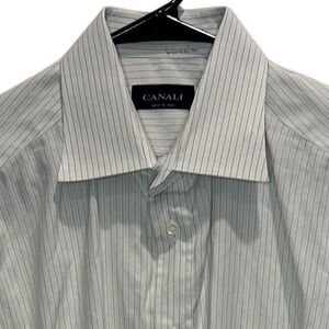 Canali Dress Shirt 16.5 Mens Blue White Striped French Cuff Spread Collar Italy